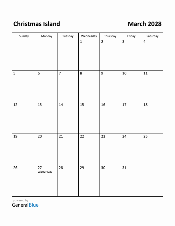 March 2028 Calendar with Christmas Island Holidays