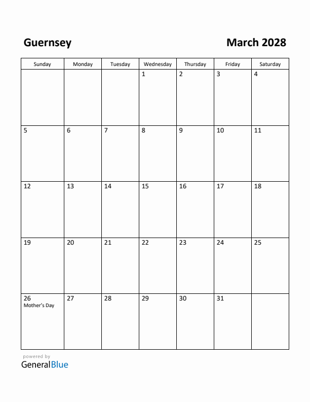 March 2028 Calendar with Guernsey Holidays