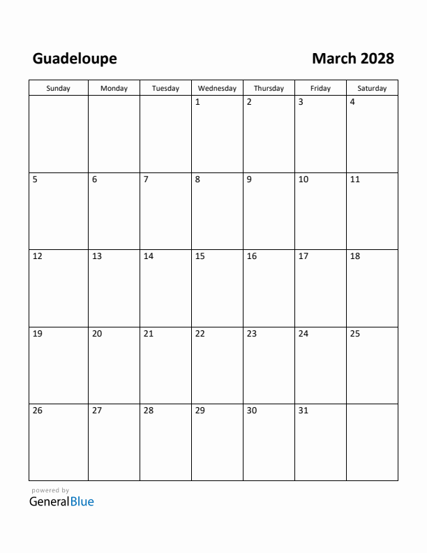 March 2028 Calendar with Guadeloupe Holidays