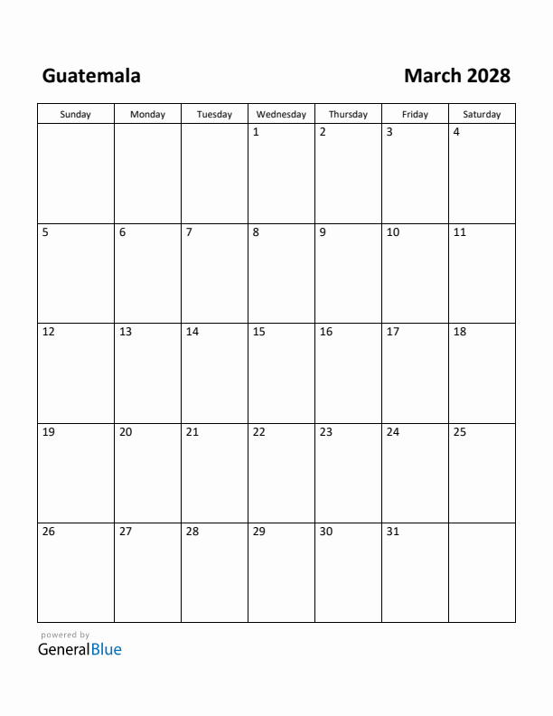 March 2028 Calendar with Guatemala Holidays