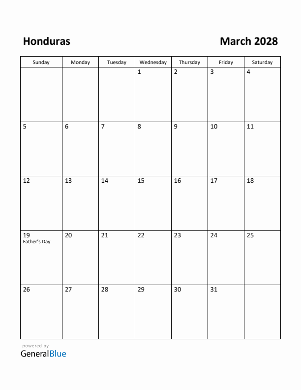 March 2028 Calendar with Honduras Holidays