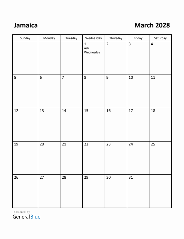 March 2028 Calendar with Jamaica Holidays