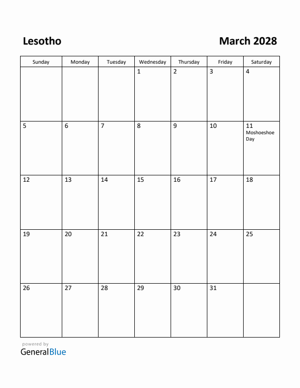 March 2028 Calendar with Lesotho Holidays