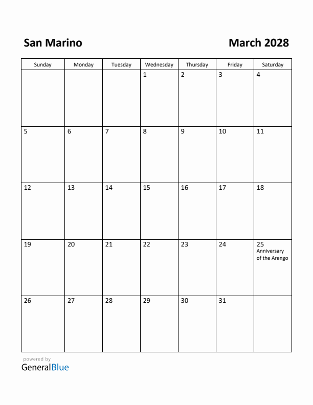 March 2028 Calendar with San Marino Holidays