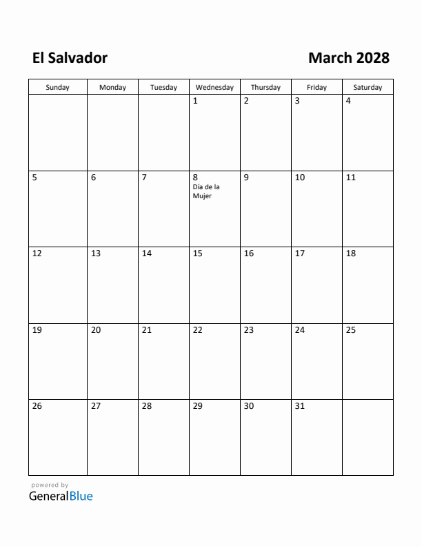 March 2028 Calendar with El Salvador Holidays