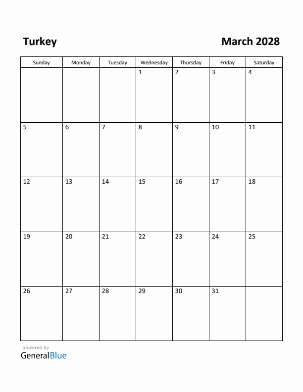 March 2028 Calendar with Turkey Holidays