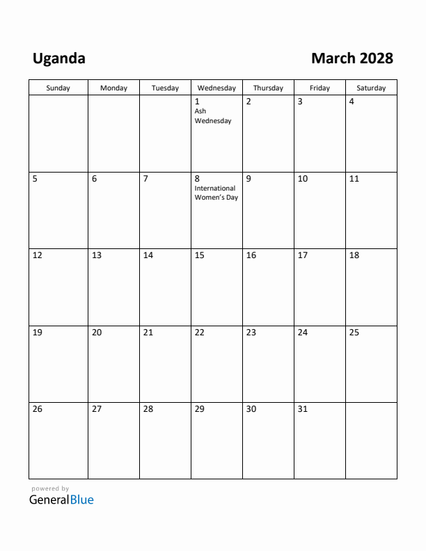 March 2028 Calendar with Uganda Holidays