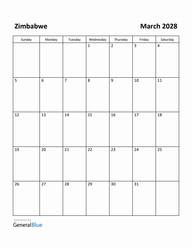 March 2028 Calendar with Zimbabwe Holidays