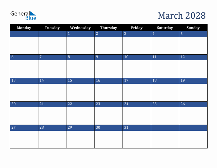 Monday Start Calendar for March 2028