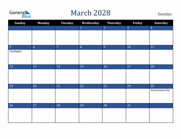 March 2028 Sweden Calendar (Sunday Start)