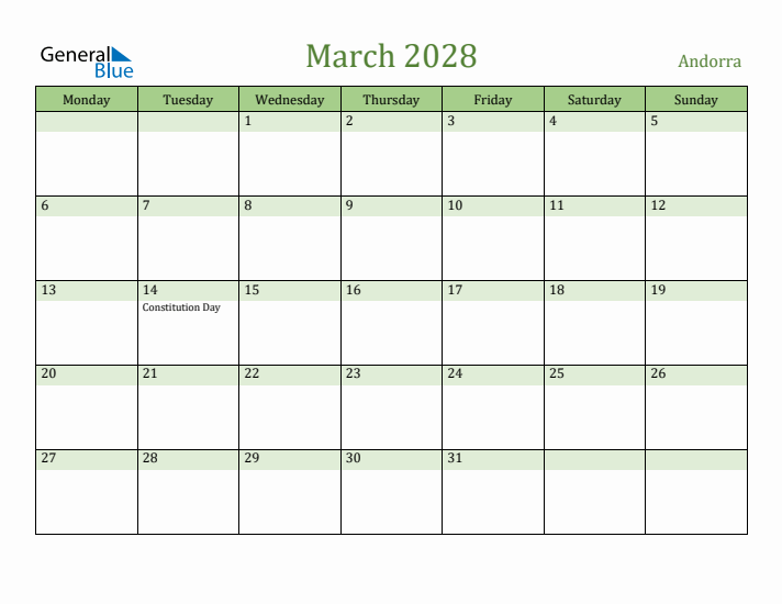 March 2028 Calendar with Andorra Holidays