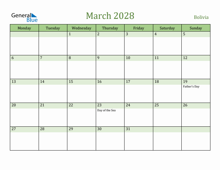 March 2028 Calendar with Bolivia Holidays