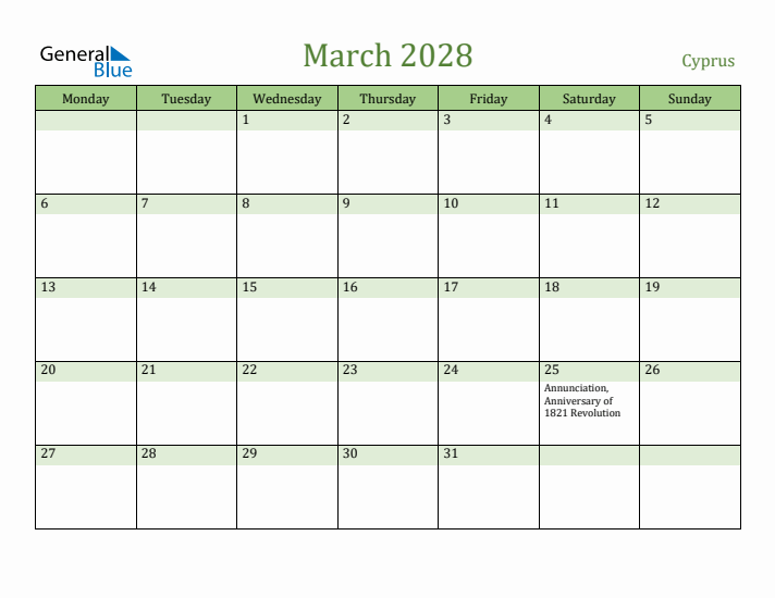 March 2028 Calendar with Cyprus Holidays