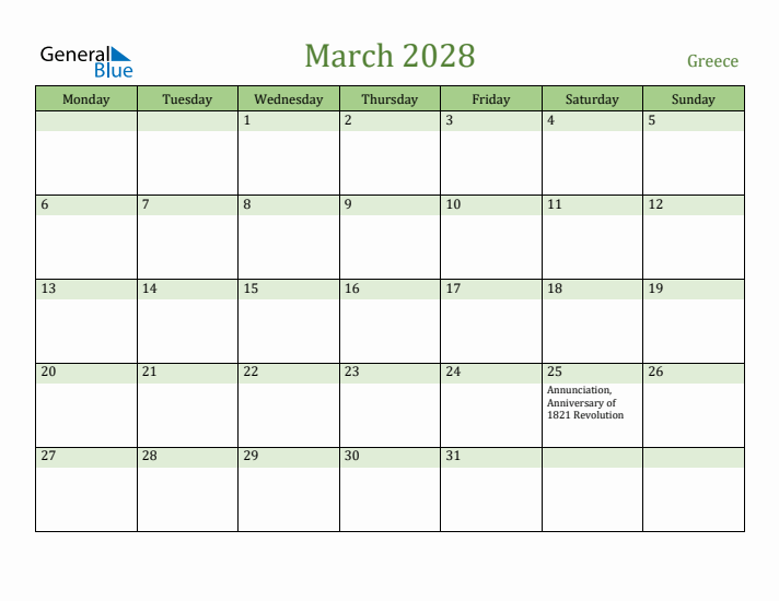 March 2028 Calendar with Greece Holidays