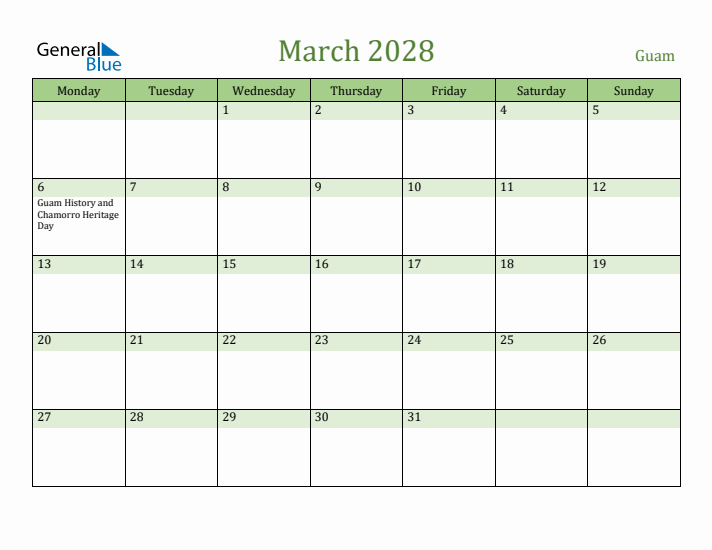 March 2028 Calendar with Guam Holidays