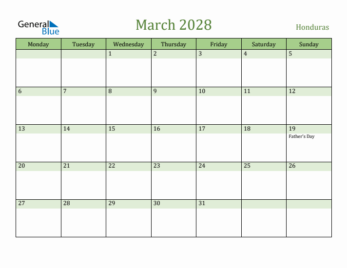 March 2028 Calendar with Honduras Holidays