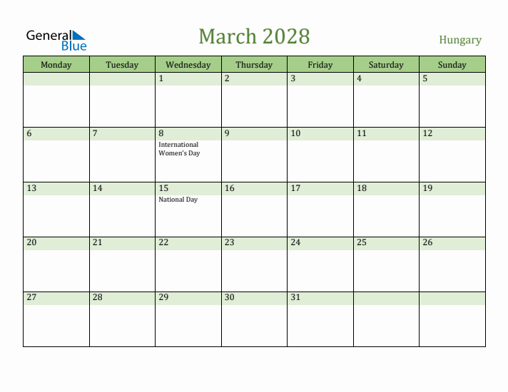 March 2028 Calendar with Hungary Holidays