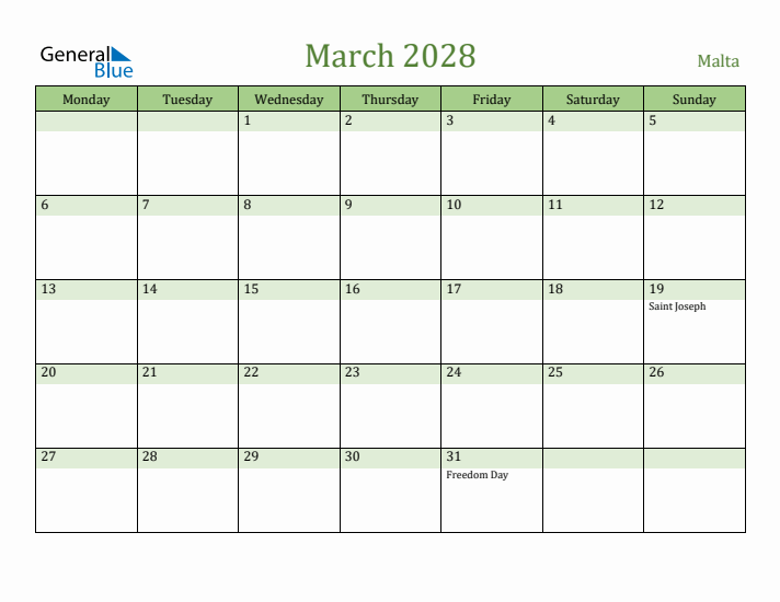 March 2028 Calendar with Malta Holidays