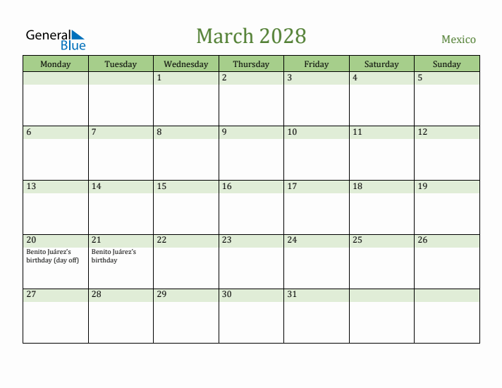 March 2028 Calendar with Mexico Holidays