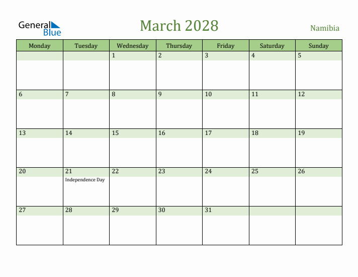 March 2028 Calendar with Namibia Holidays