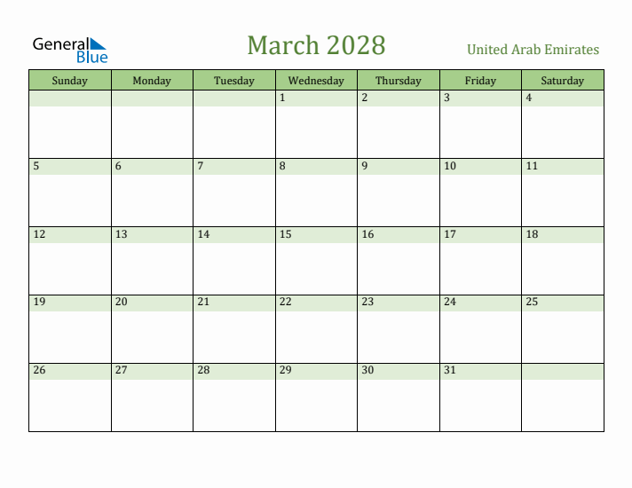 March 2028 Calendar with United Arab Emirates Holidays