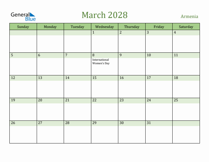 March 2028 Calendar with Armenia Holidays