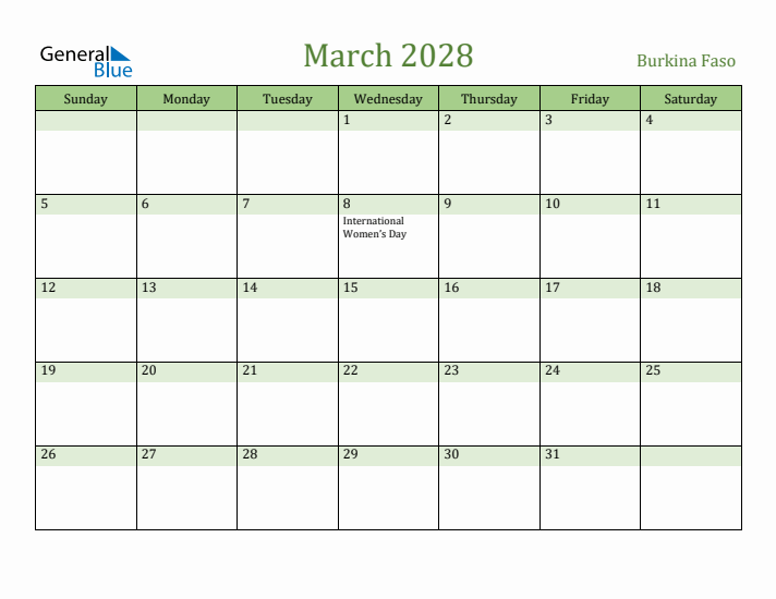 March 2028 Calendar with Burkina Faso Holidays