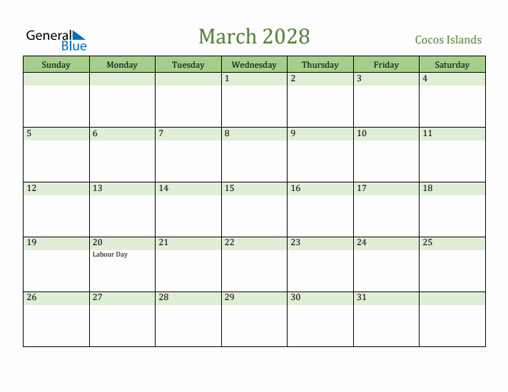 March 2028 Calendar with Cocos Islands Holidays