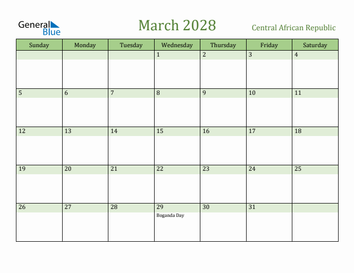 March 2028 Calendar with Central African Republic Holidays