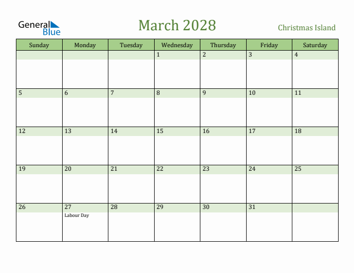 March 2028 Calendar with Christmas Island Holidays