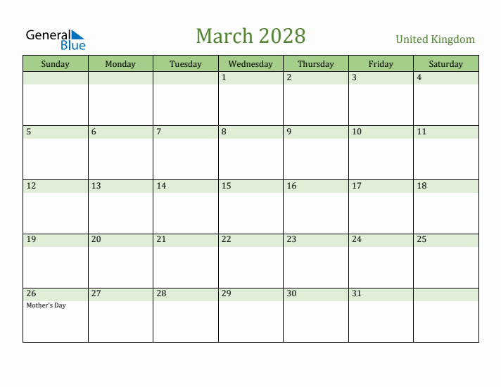 March 2028 Calendar with United Kingdom Holidays