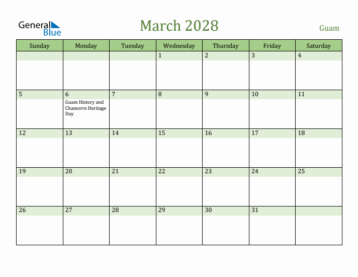 March 2028 Calendar with Guam Holidays