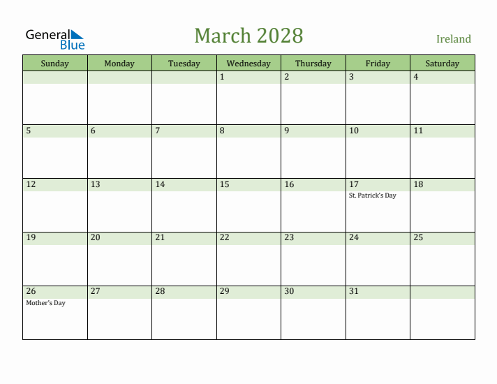 March 2028 Calendar with Ireland Holidays