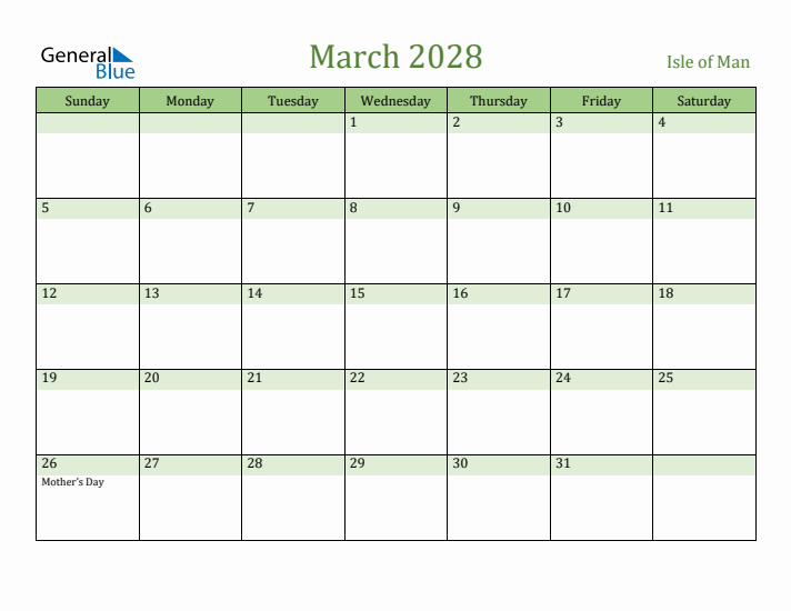 March 2028 Calendar with Isle of Man Holidays