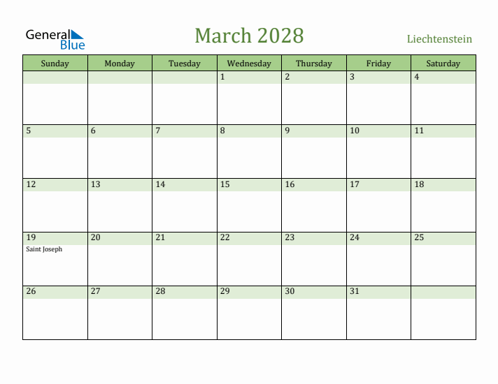 March 2028 Calendar with Liechtenstein Holidays