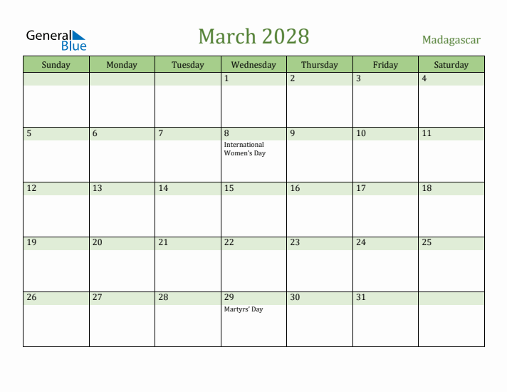 March 2028 Calendar with Madagascar Holidays