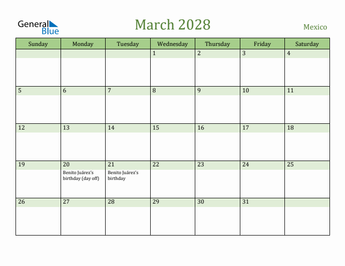 March 2028 Calendar with Mexico Holidays