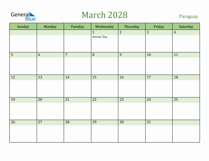 March 2028 Calendar with Paraguay Holidays