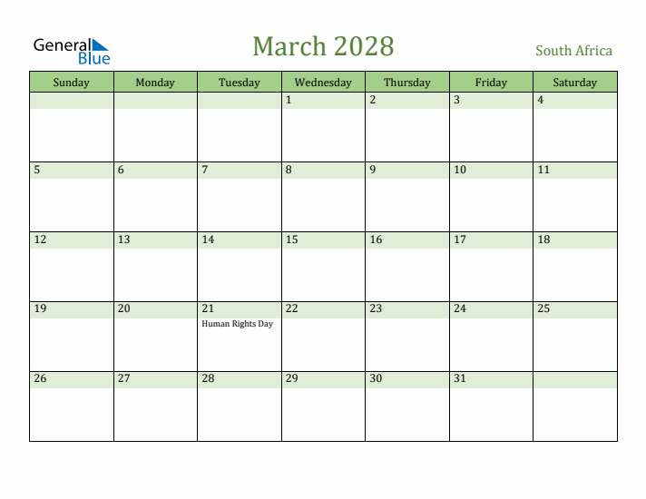 March 2028 Calendar with South Africa Holidays