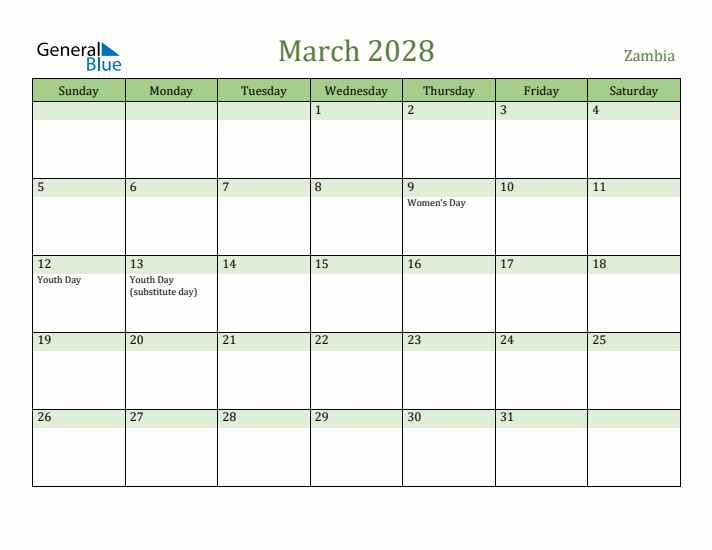 March 2028 Calendar with Zambia Holidays