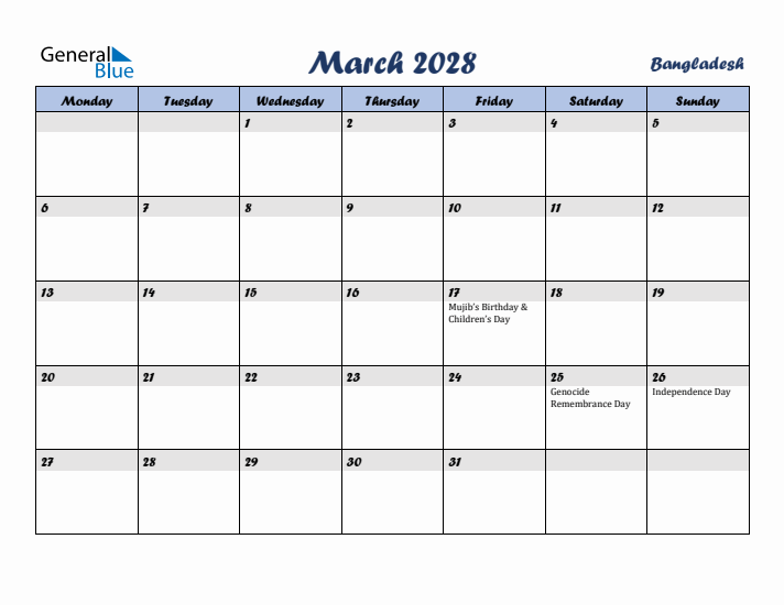 March 2028 Calendar with Holidays in Bangladesh