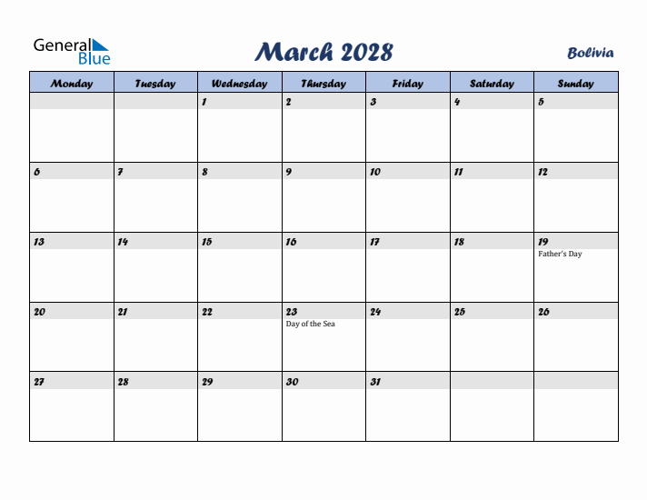 March 2028 Calendar with Holidays in Bolivia