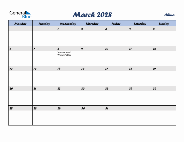 March 2028 Calendar with Holidays in China