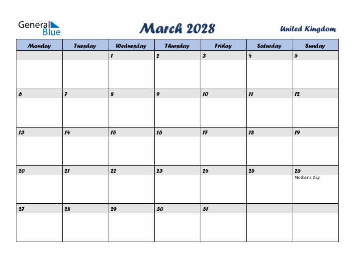 March 2028 Calendar with Holidays in United Kingdom