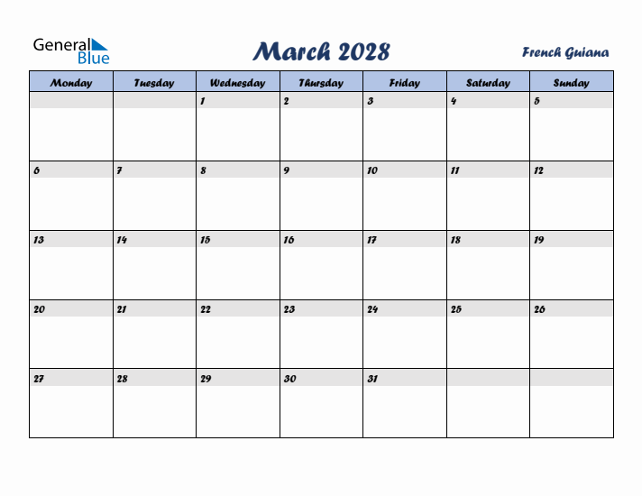 March 2028 Calendar with Holidays in French Guiana