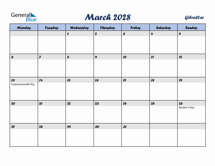 March 2028 Calendar with Holidays in Gibraltar