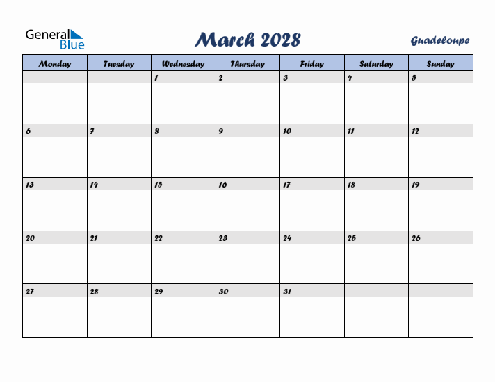 March 2028 Calendar with Holidays in Guadeloupe