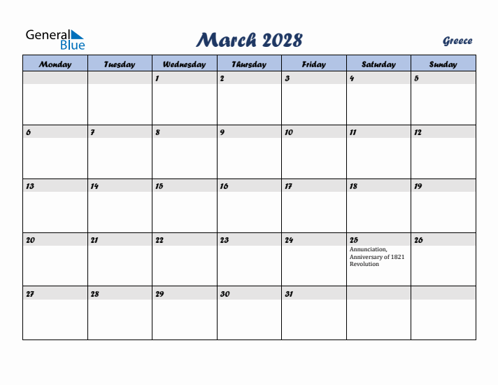 March 2028 Calendar with Holidays in Greece