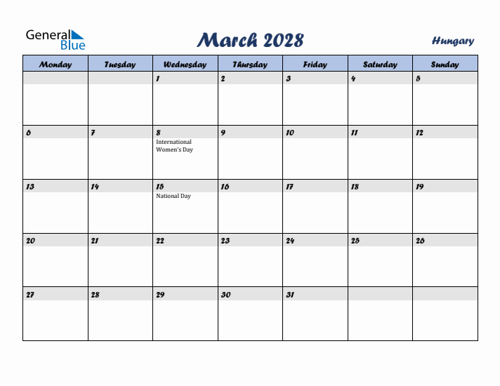 March 2028 Calendar with Holidays in Hungary