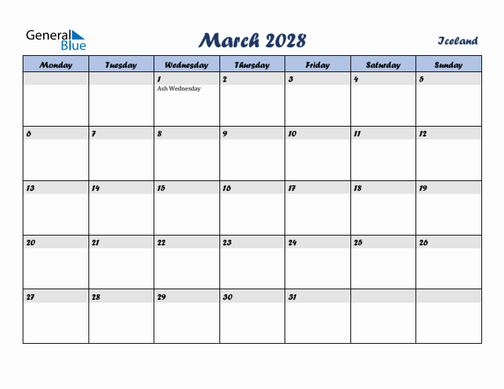 March 2028 Calendar with Holidays in Iceland